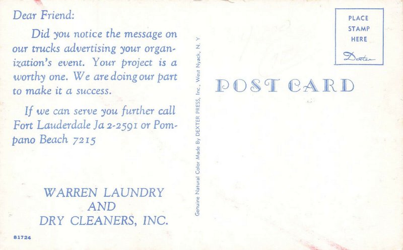 Fort Lauderdale FL Warren Laundry Dry Cleaning Delivery Truck Postcard