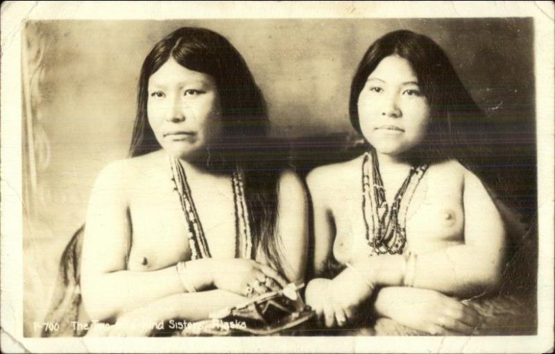 Nude Alaskan Eskimo Women Sisters Klooches on Back - Autographs? RPPC