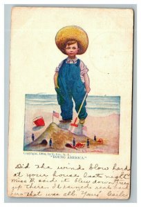 Vintage 1905 Comic Postcard - Boy in Large Hat on the Beach - Young America