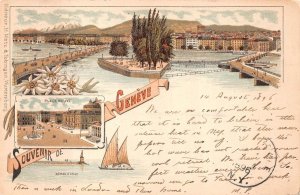 SOUVENIR DE GENEVA SWITZERLAND SHIP & TOWN VIEWS POSTCARD 1896