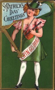 St. Patrick's Day Red Headed Irish Woman Harp Stockings Vintage Postcard