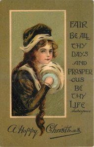 1909 Pretty Lady Christmas Shakespeare saying undivided Postcard 25-5673