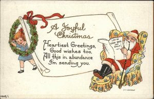 HF Lehmann Christmas Santa Claus Little Girl with Wreath c1910 Vintage Postcard