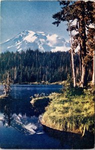 Snowy Mount Rainier Forest Reflection Lake Postcard 1c Stamp Unused Unposted VTG 