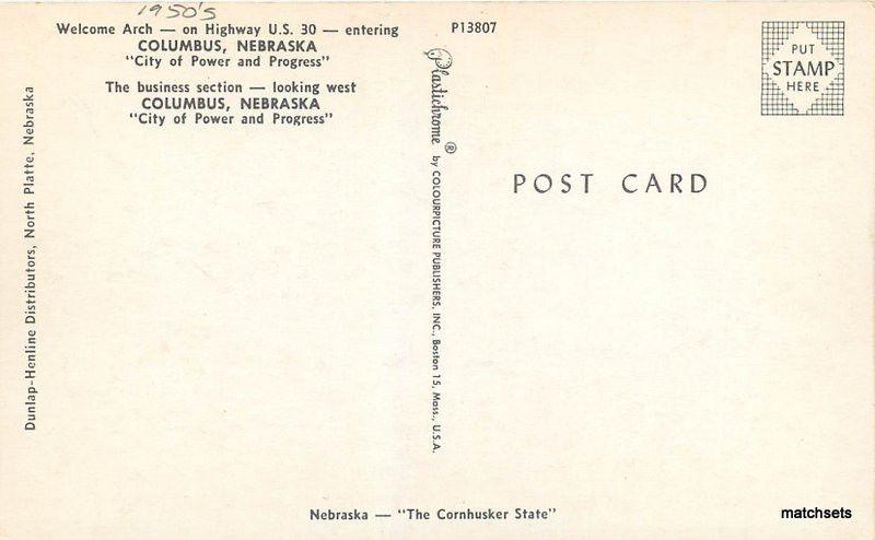 1950s Columbus Nebraska Welcome Arch autos Dunlap Henline postcard 9920