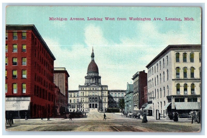 c1910 Michigan Avenue Looking West Washington Avenue Lansing Michigan Postcard 