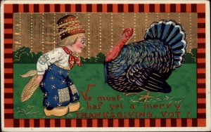 Thanksgiving Ser 7152 Dutch Boy Lures Turkey with Corn Gilt Inlay c1910 Gel PC