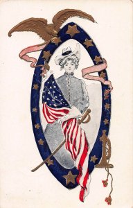 U.S. Patriotic: Girl Holding Flag, with Gold Eagle, Bugle, & Sword, Used in 1907
