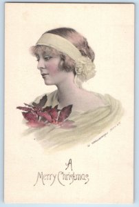 1913 Christmas Pretty Woman Poinsettia Flowers Schlesinger Signed Postcard