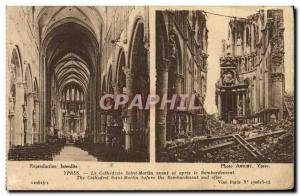 Old Postcard Ypers La Cathedrale Saint Martin Before and After Bombing Army