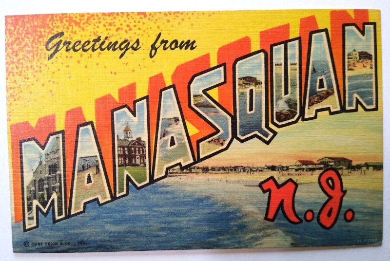 Greetings From Manasquan New Jersey Large Letter Postcard Linen Curt Teich NJ