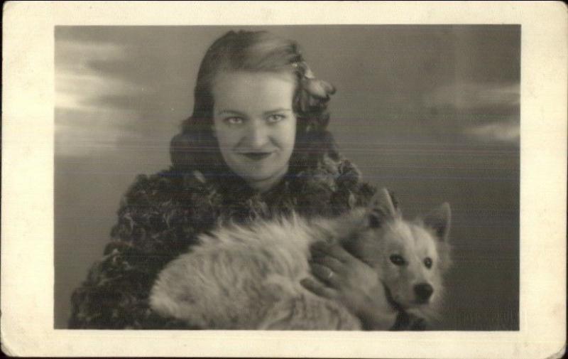 Woman in Make-Up Flower in Hair w/ Dog - Collie? Real Photo Postcard