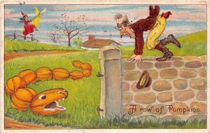 E14/ Halloween Holiday Postcard 1909 Series 9803 Pumpkin Snake Witch Man 27