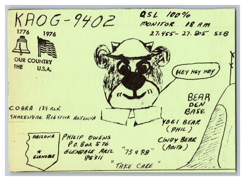 Postcard QSL CB Ham Radio Amateur Card From Glendale Ariz. Arizona KAOG-9402 