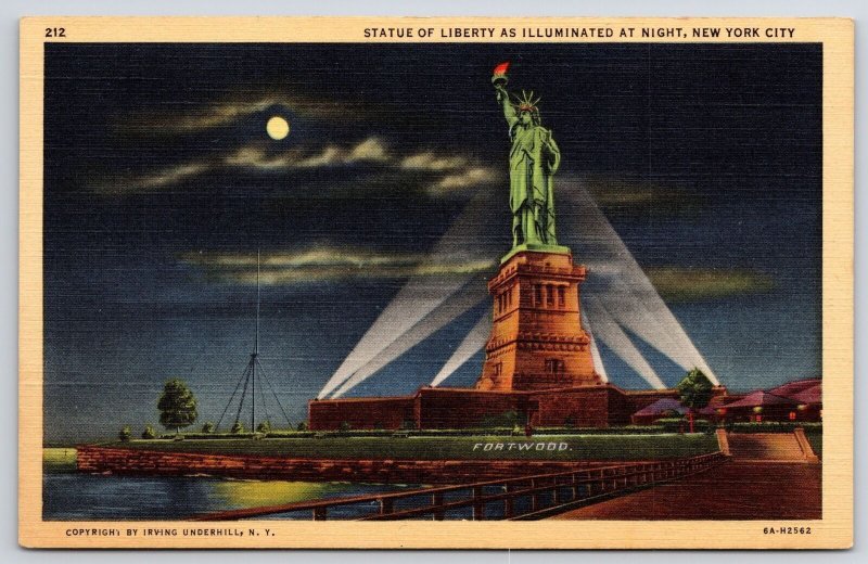 Statue Of Liberty As Illuminated At Night New York City Grounds View Postcard