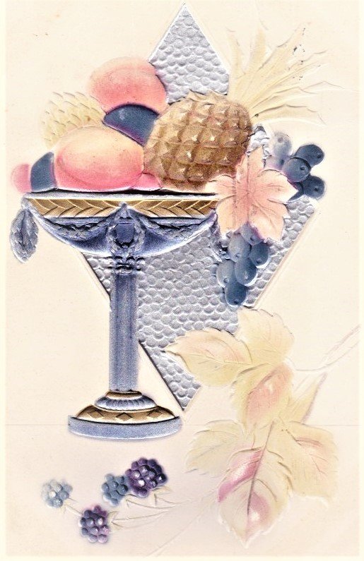 Elegant Easter PC. big fruit bowl in silver chalice. Embossed