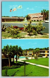 Roadside~Ocala Florida~Holiday Inn West~Pool~Flags~Palms~Lawn~1950s Postcard