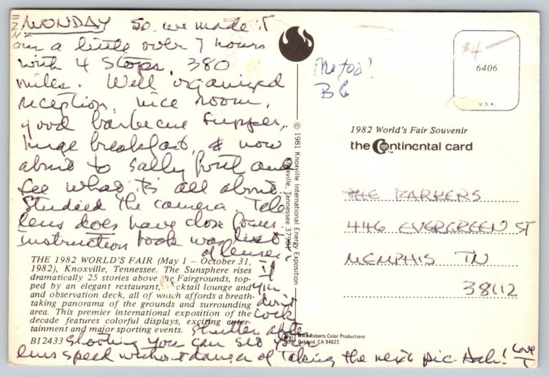 1982  World's Fair   Knoxville  Tennessee  Postcard