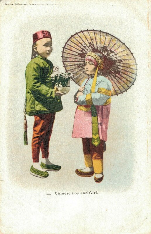 China Chinese Boy and Girl 1900s Litho Postcard 03.75