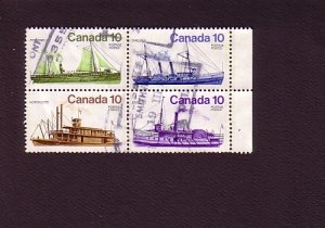 Used Block of Four Postage Stamps, Canada Ships 10 Cents, Scott 700-703