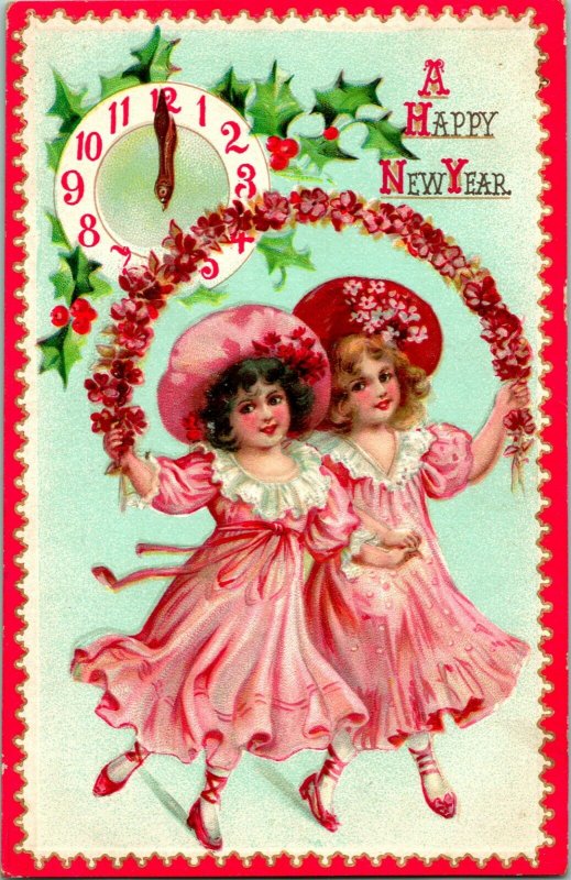 Vtg Postale Tuck's Doré An Séries Sans 609 Fille Avec Fleurs & Horloge - en