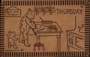 Thursday Teddy Bears Cooking Dinner Real Leather c1910 Vintage Postcard