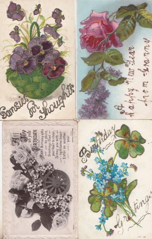 Flowers Floral Birthday 4X REAL GLITTER SPARKLE ANTIQUE Postcard s