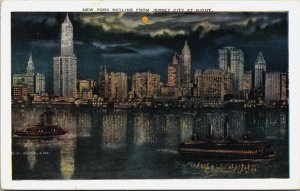 New York Skyline Seen From Jersey City At Night New York City Postcard C113