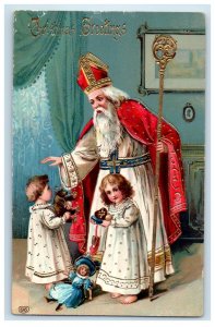 c1910 Christmas White Robe Old World Saint Santa Gel Gold Gilt Children Postcard 