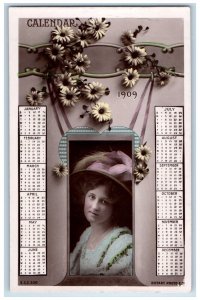 1909 Pretty Woman Big Hat Calendar Daisy Flowers Posted Antique Postcard 