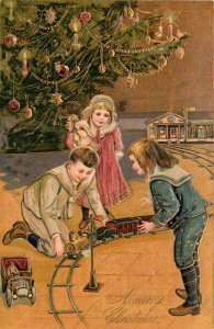 Embossed Postcard Christmas Greetings Langsdorf Children With Model Train Gilded