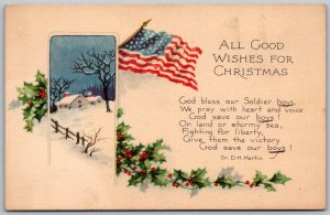 Christmas Good Wishes 1918 WWI Patriotic Gibson Lines Postcard Flag Snow Poem