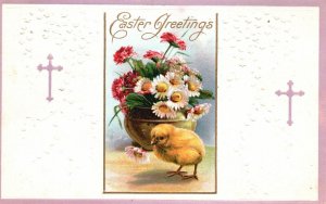 Vintage Postcard 1910's Easter Greetings Chick Bunch Of Flowers In Vase