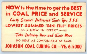 1956 Johnson Coal Cubing Co Detroit MI Price And Service Advertising Postal Card