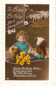 Pretty little girl in blue, with pets Old vintage English Birthday Greetings P