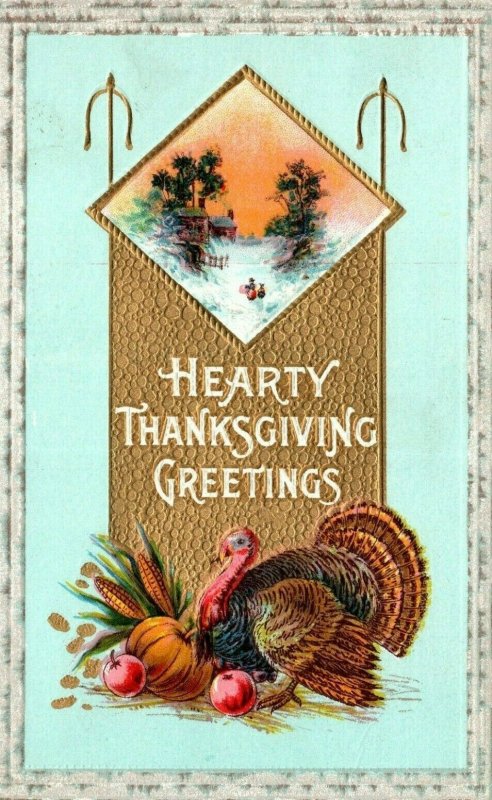 Hearty Thanksgiving Greetings Turkey Pumpkin Corn Original Vintage Postcard