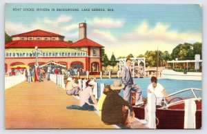 Boat Docks, Riviera in Background, Lake Geneva Wisconsin Linen Postcard