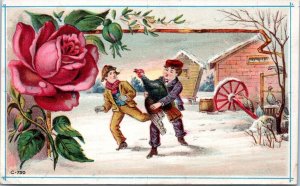 Trade Card - Woolson Spice - Boys on farm catching turkey with rose border