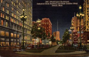 Michigan Detroit Washington Boulevard At Night Showinjg Industrial Bank Build...