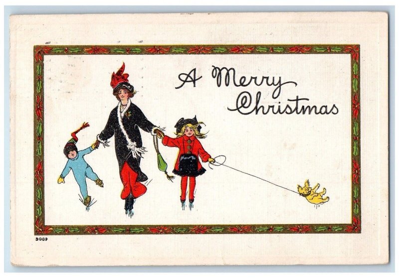 1914 Christmas Mother And Childrens Ice Skating Dog Embossed Antique Postcard