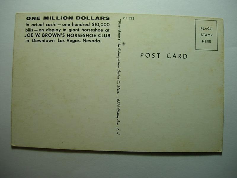 1960s Joe Brown's Horseshoe Club Las Vegas Nevada NV Unused Card Casino y9738-22