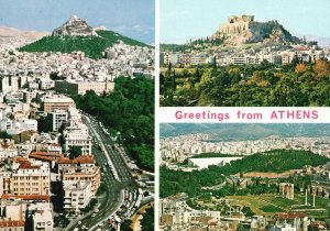 Postcard Greetings From Athens Greece Historical Buildings Roadways Mountains