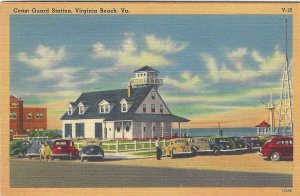 1940's Coast Guard Station, Virginia Beach, VA Cars People Linen Postcard