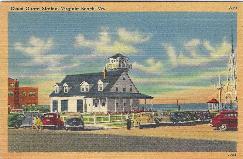 1940's Coast Guard Station, Virginia Beach, VA Cars People Linen Postcard