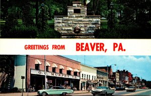 Pennsylvania Beaver Greetings Showing Main Street and World War II Memorial