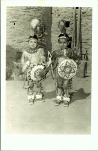 RPPC 2 Native American Children in Costume Shields Spears  Real Photo Postcard