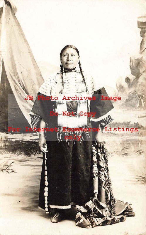 Native American Indian, RPPC, Studio Shot, Woman in Costume Holding Blanket