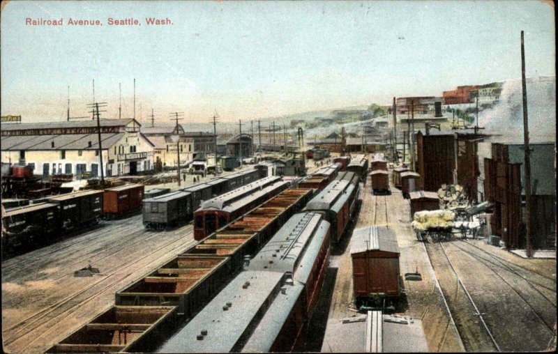 Seattle Washington WA Railroad Ave Train Cars c1910 Postcard