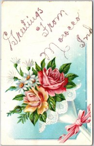 Greetings From Morocco Indiana Bouquet of Roses & Daisies Pink Ribbon Postcard