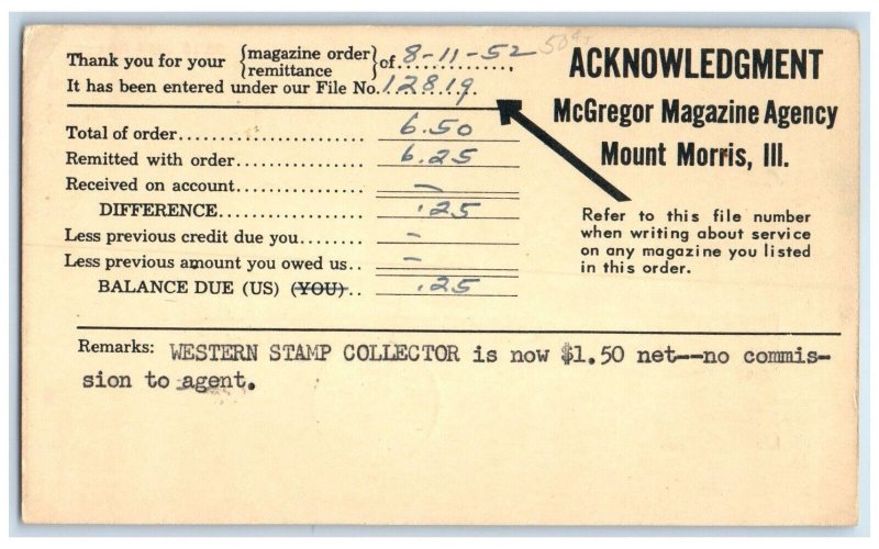 1952 McGregor Magazine Agency Mount Morris Illinois IL Advertising Postal Card